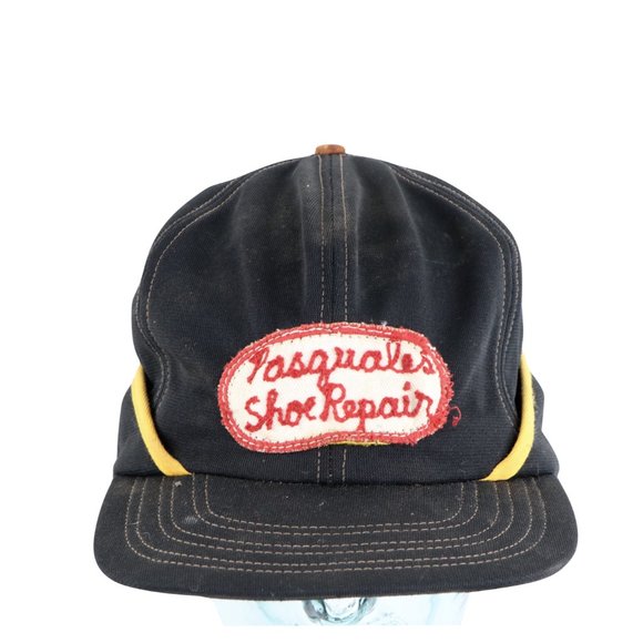 Vintage 60s Pasquales Shoe Repair Chain Stich Patch Ear Flap Hat Black USA AS IS